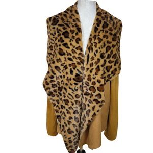 Kate & Sam XXL Leopard‎ Faux Fur Faux Suede Ribbed Knit Open Front Cardigan Tan